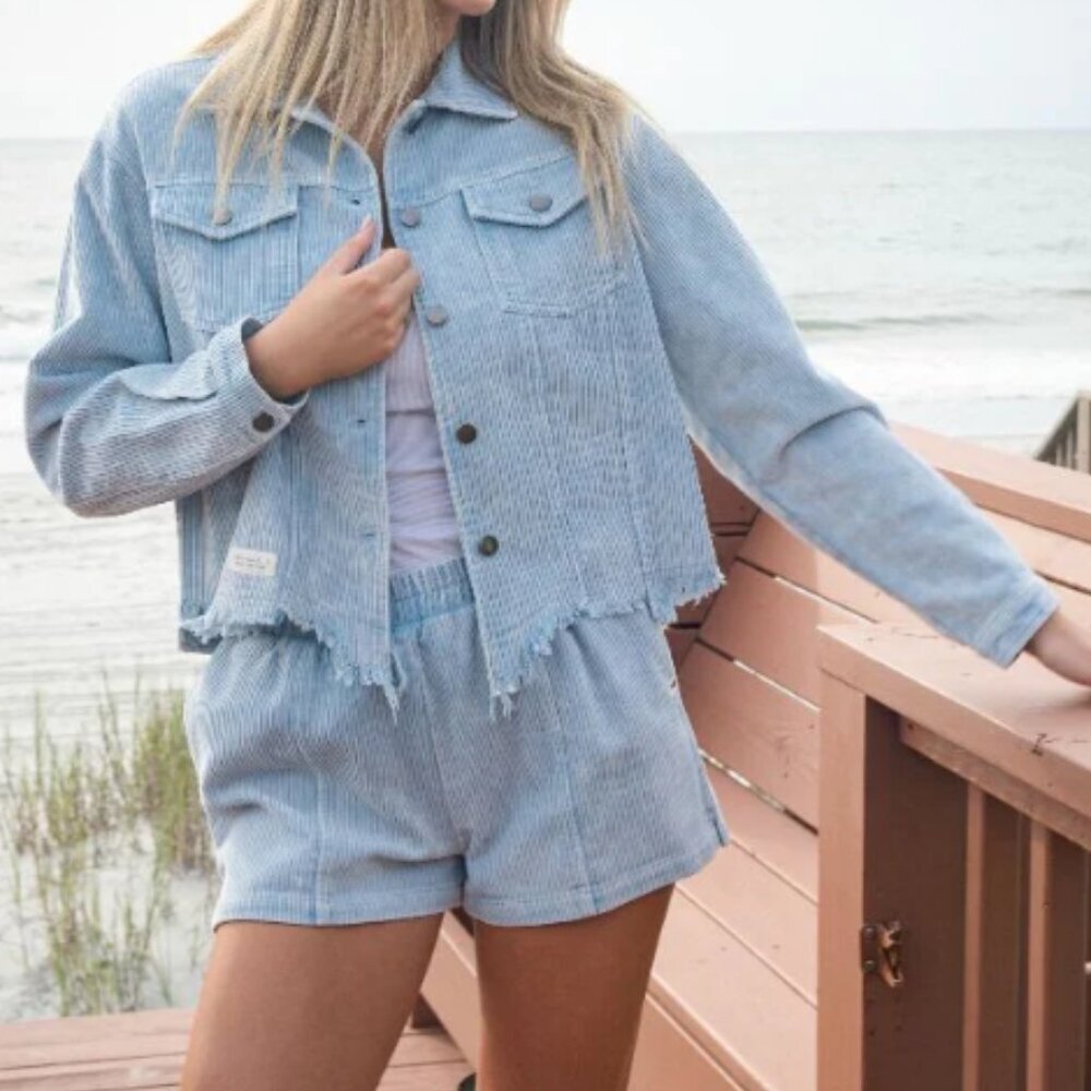 Simply Southern Corduroy Jacket Distressed Blue Long Sleeve Button Medium Boho - Picture 11 of 13